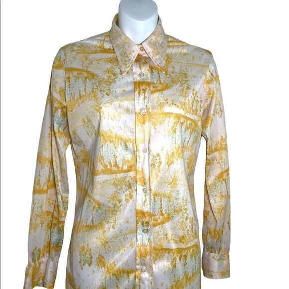 Vintage 1970s Vera Button Down Geometric Long Sleeve Shirt M Saffron Marigold - Picture 11 of 15
